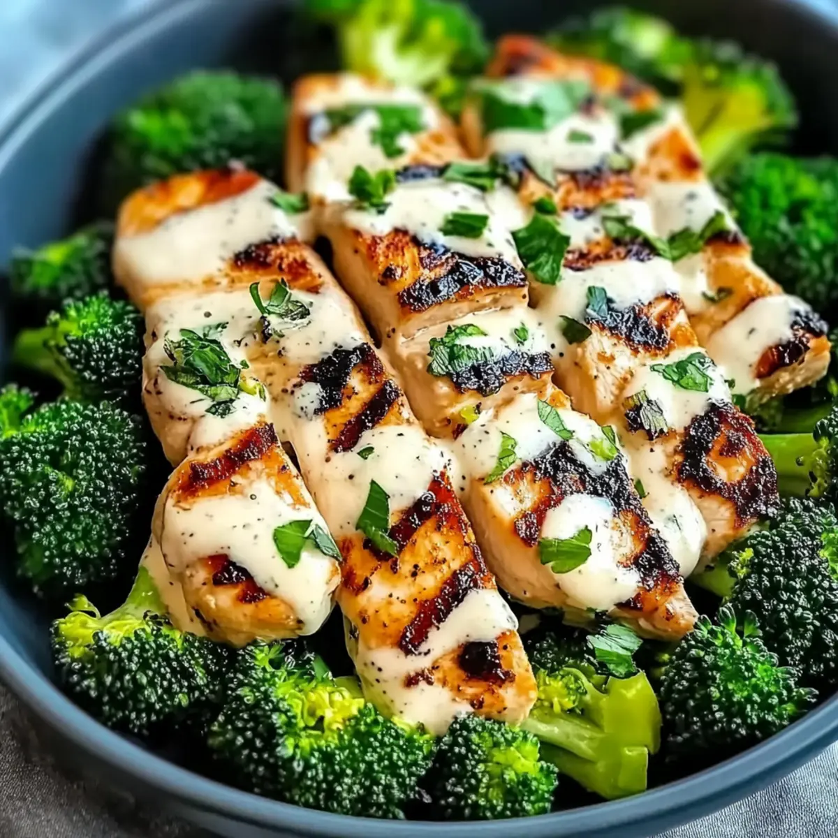 Grilled Chicken & Broccoli Bowls with Creamy Garlic Sauce Delight