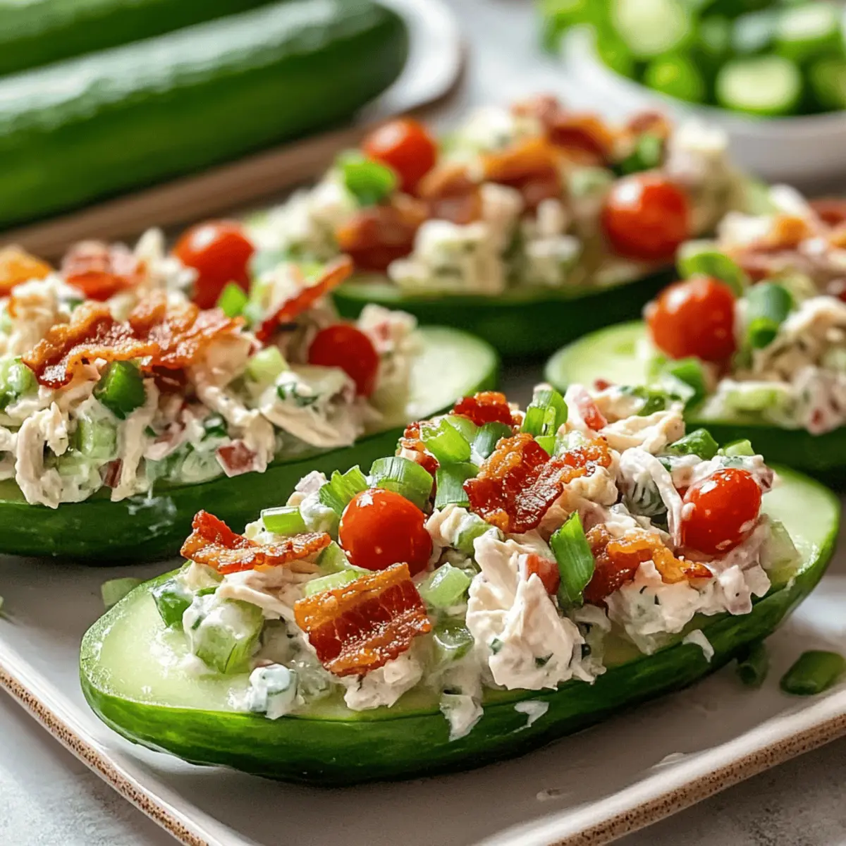 Bacon Ranch Chicken Salad Cucumber Boats for Refreshing Lunches