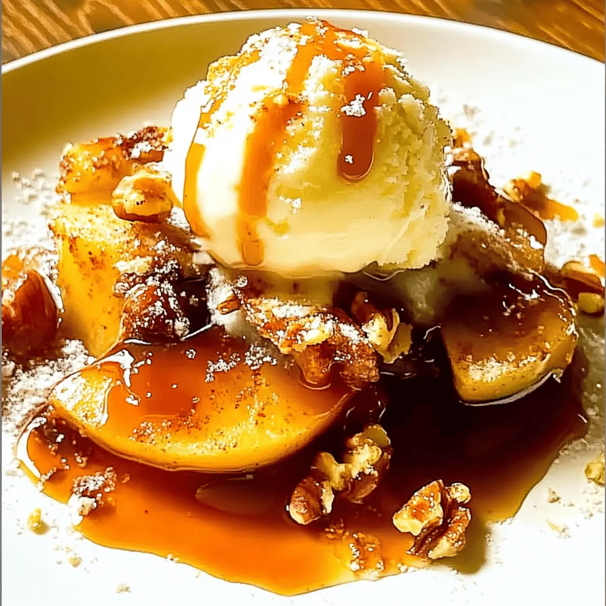 Indulge in Cinnamon Fried Apples with Vanilla Ice Cream & Salted Caramel Drizzle