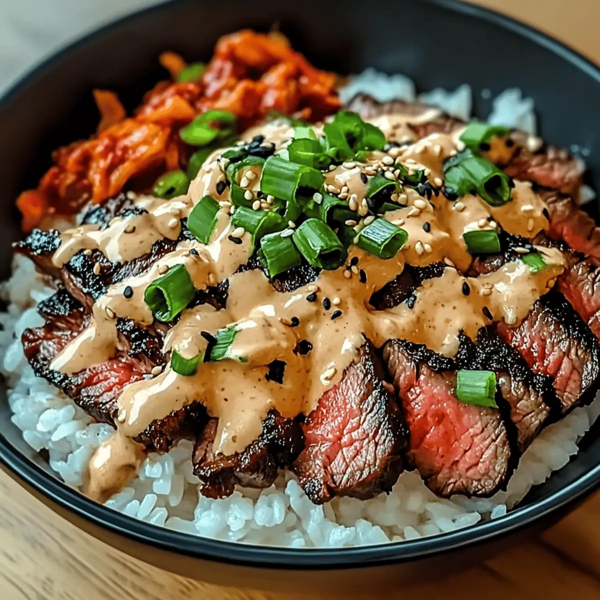 Korean BBQ Steak Rice Bowls with Spicy Cream Sauce Delight