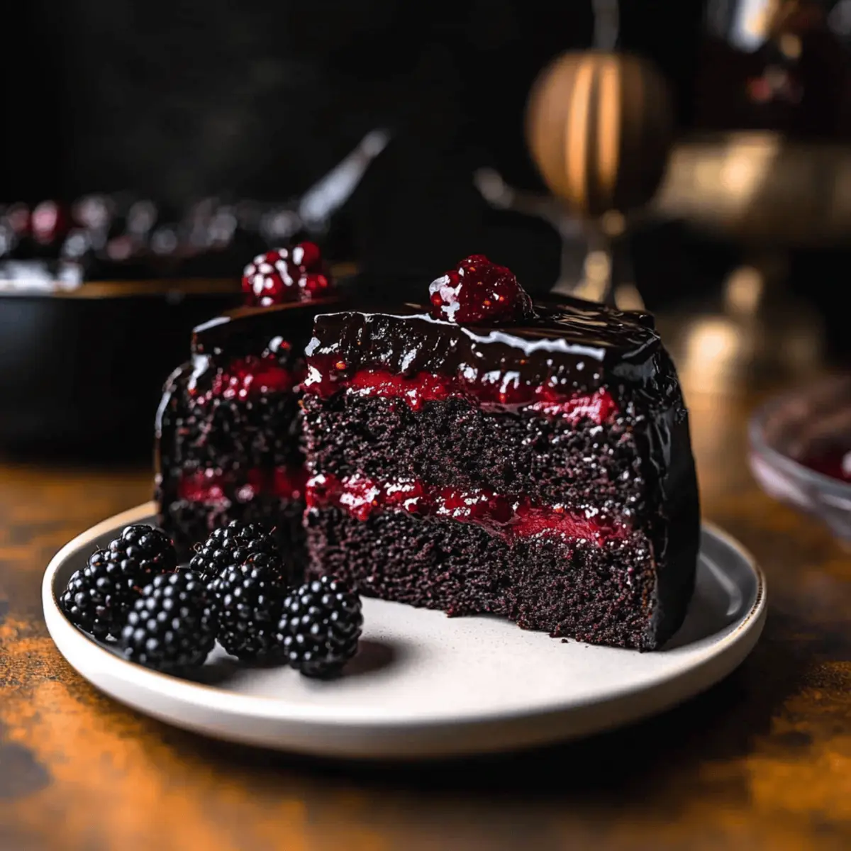 Spooky Black Velvet Halloween Cake with Blackberry Surprise