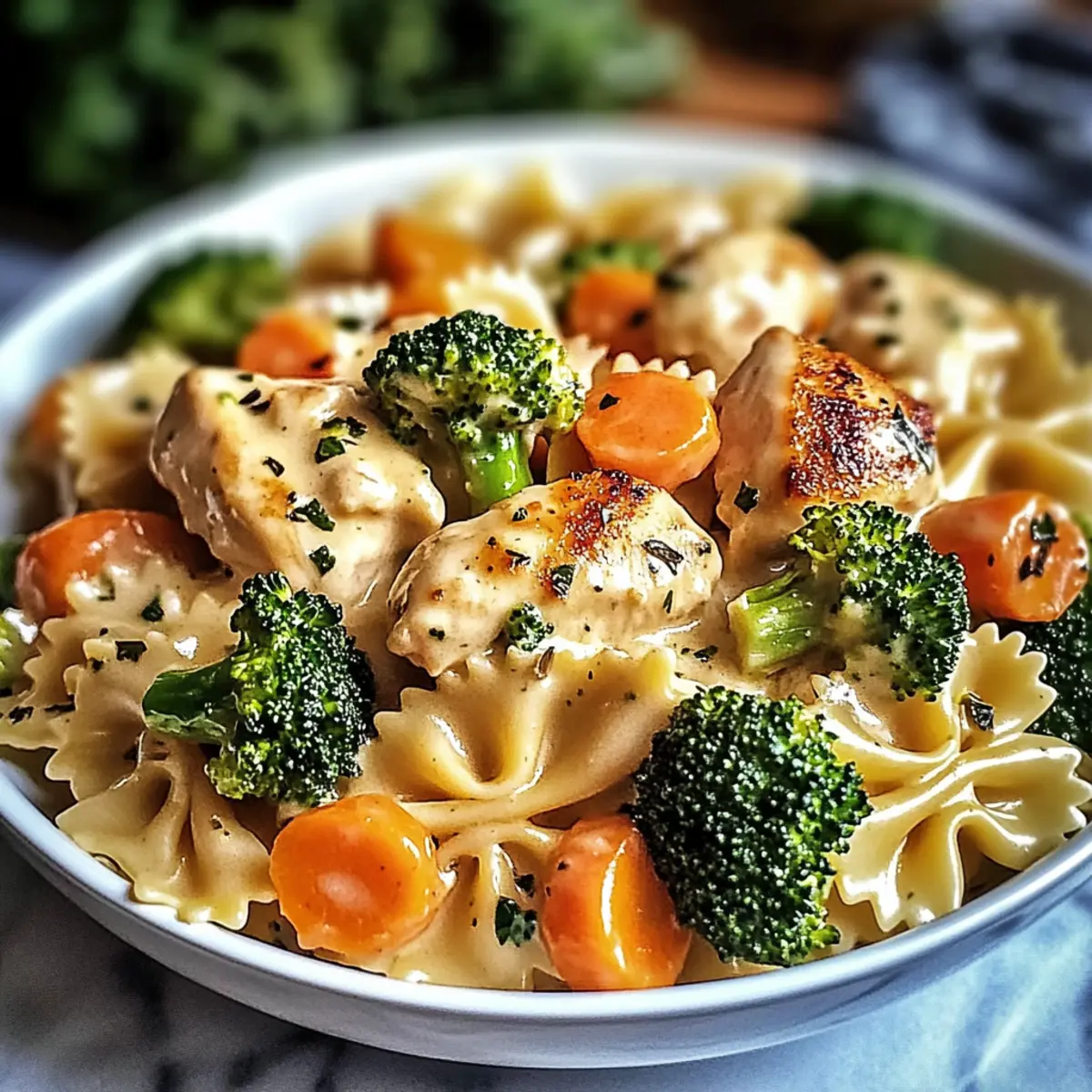 Creamy Cheddar & Havarti Chicken Bowtie Pasta with Roasted Veggies Delight