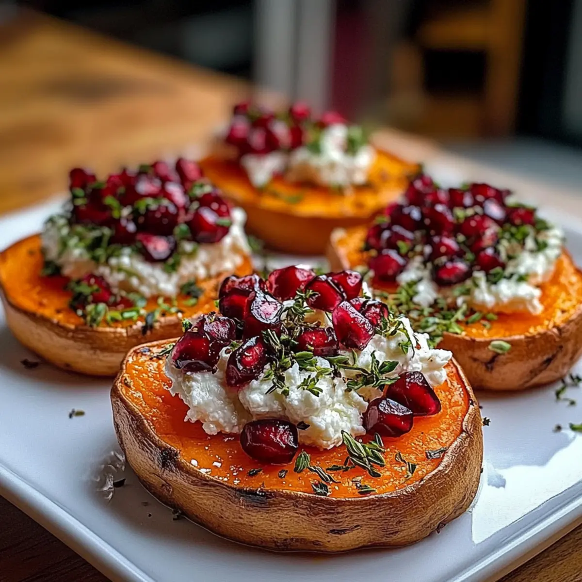 Whipped Goat Cheese Sweet Potato Rounds with Pomegranate Bliss
