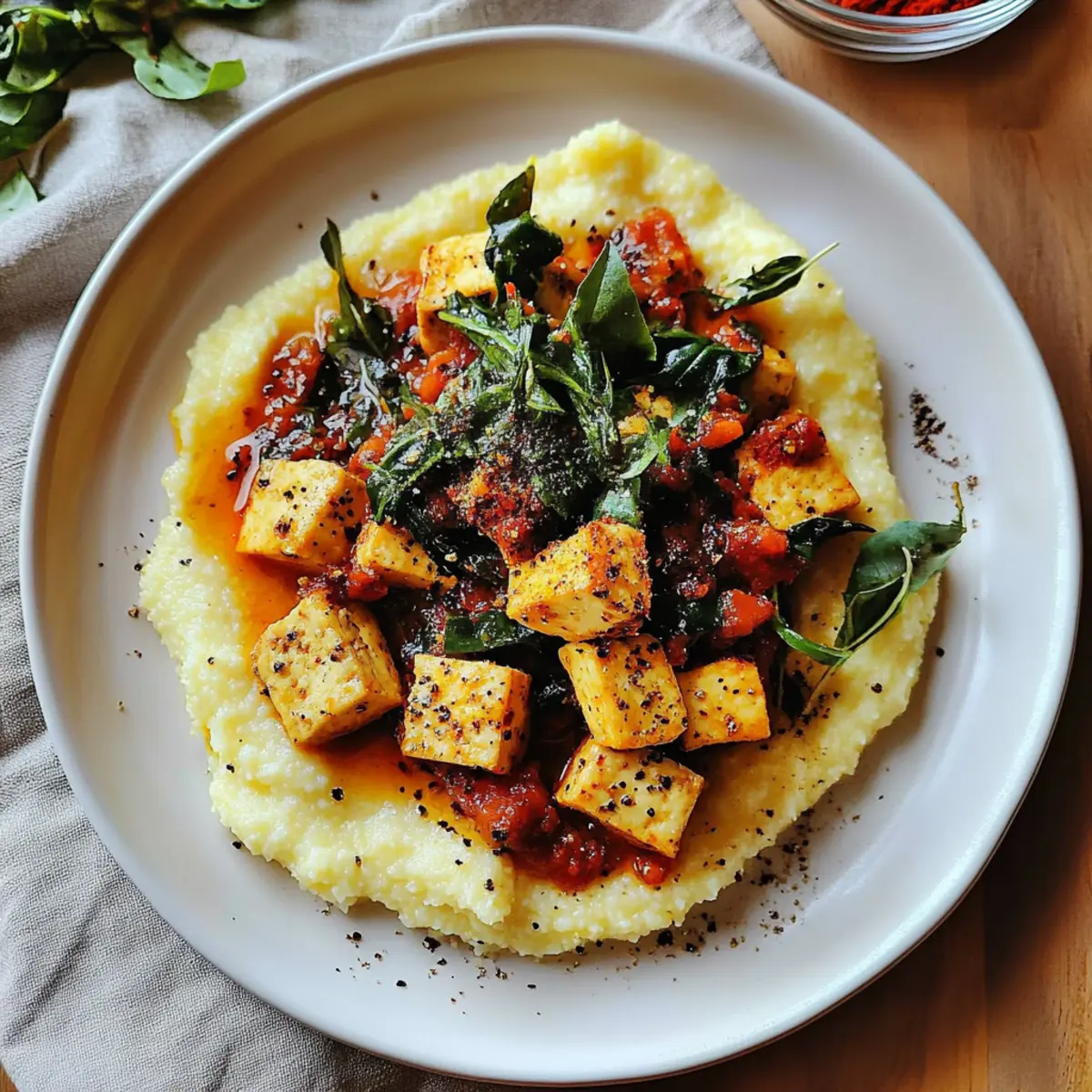 Vegan Cacio E Pepe Polenta with Spicy Tofu for Cozy Nights