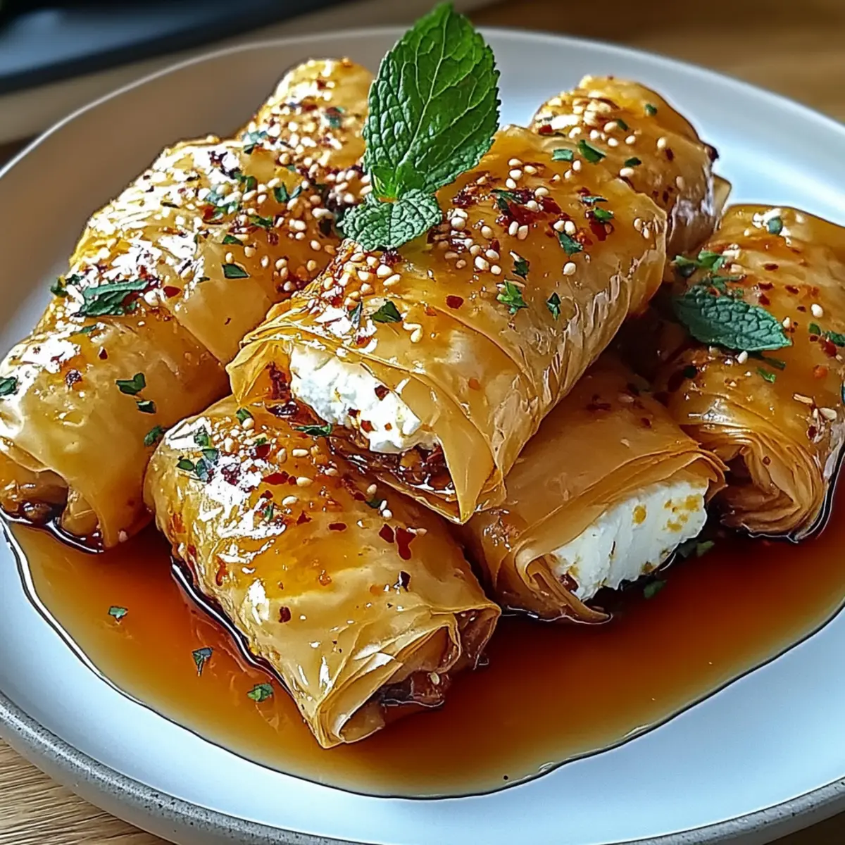 Crispy Oven Fried Feta Rolls with Sweet Chili Honey Drizzle