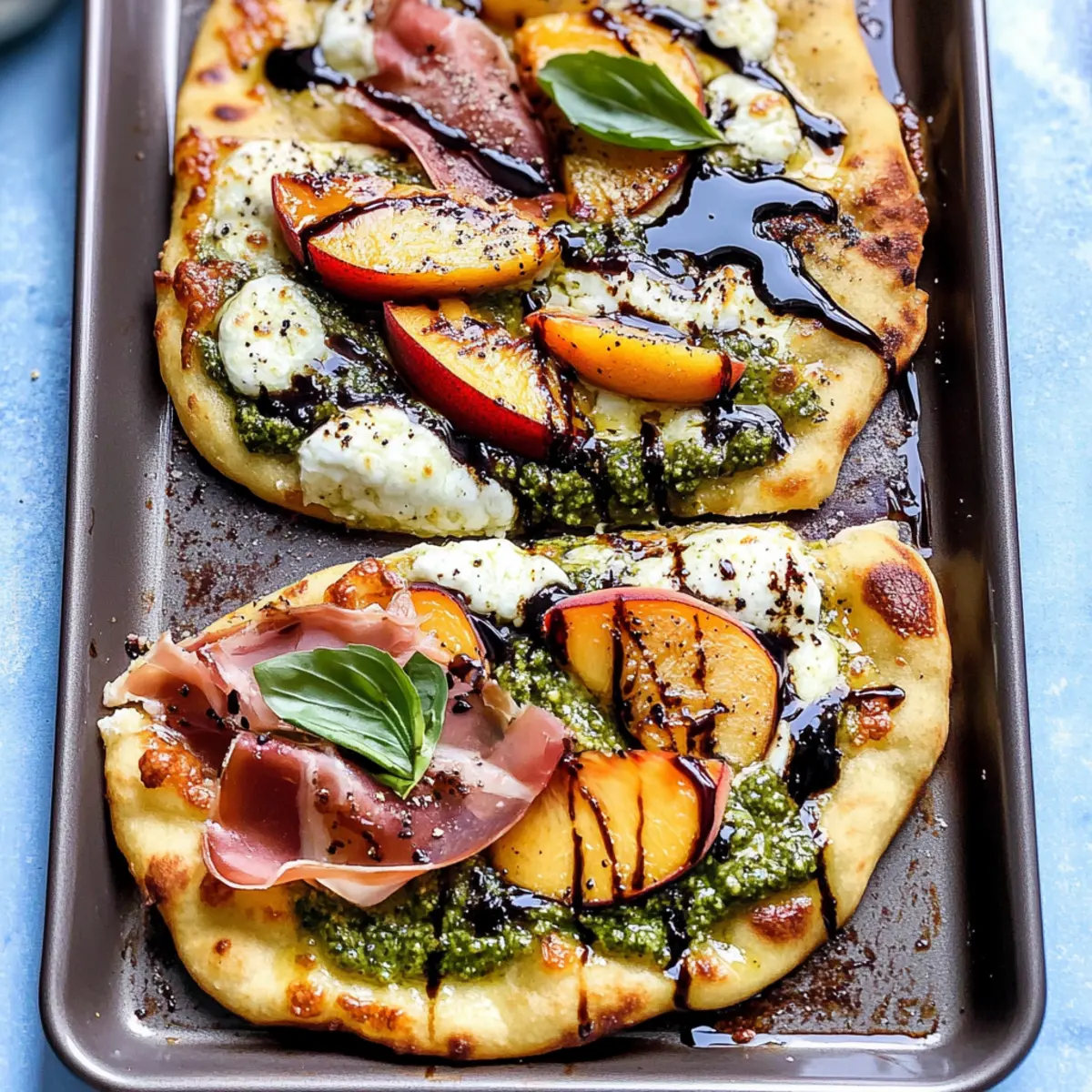 20 Minute Summer Naan Pizzas with Juicy Peaches and Pesto