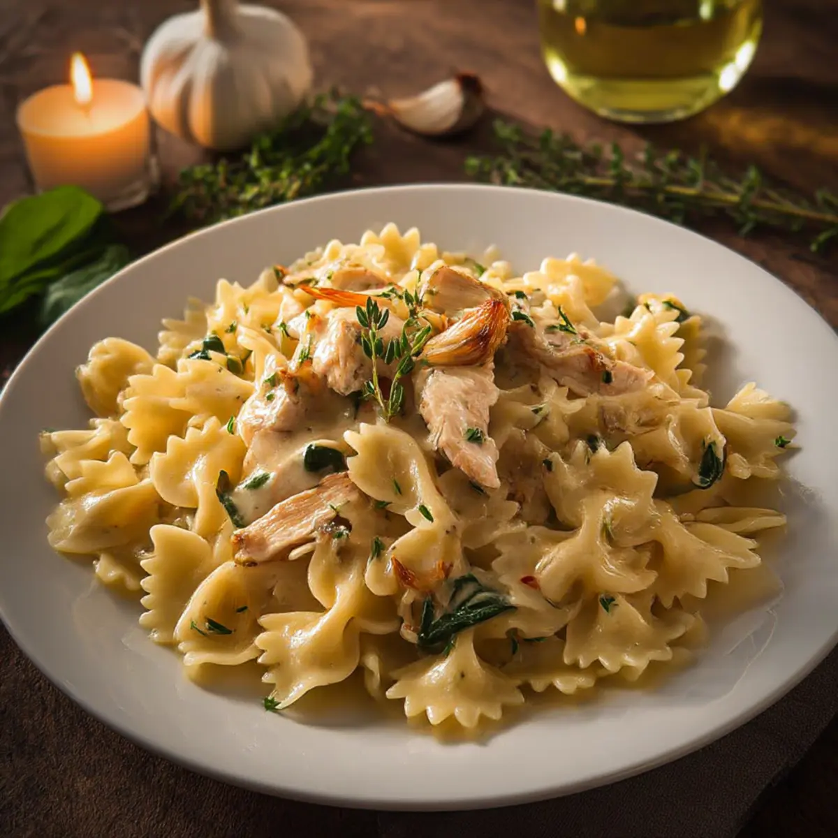 Creamy Farfalle with Chicken and Roasted Garlic Bliss