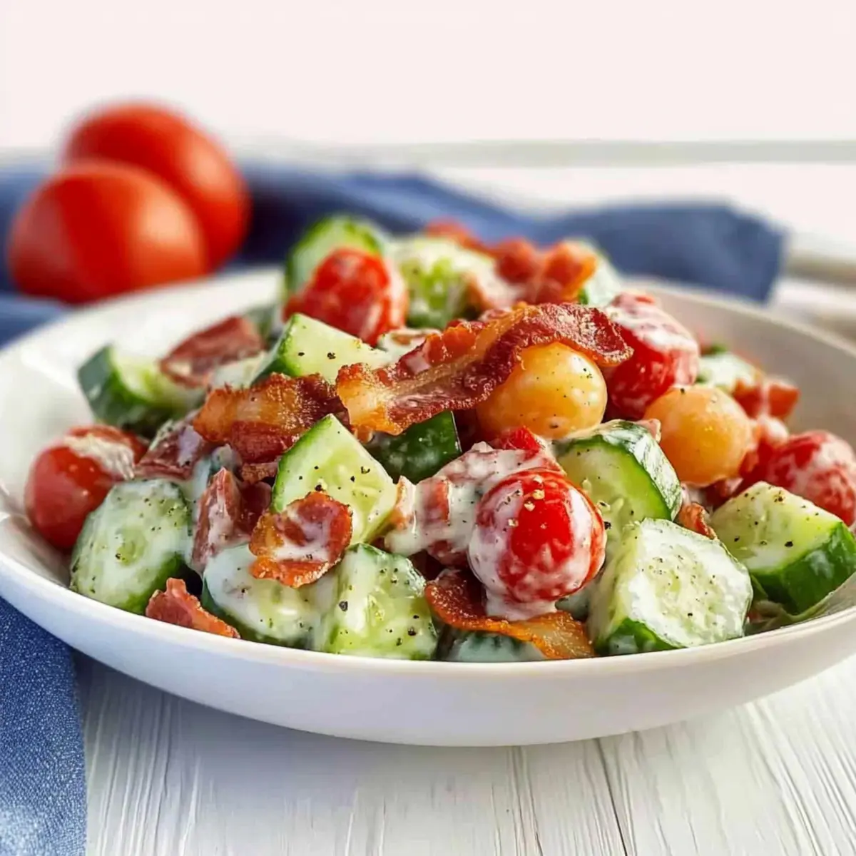 Refreshing Cucumber Tomato Salad with Crispy Bacon Bliss